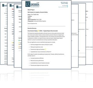 Stack of WALLS Program facility reports with summary and assessment details visible on the top page.